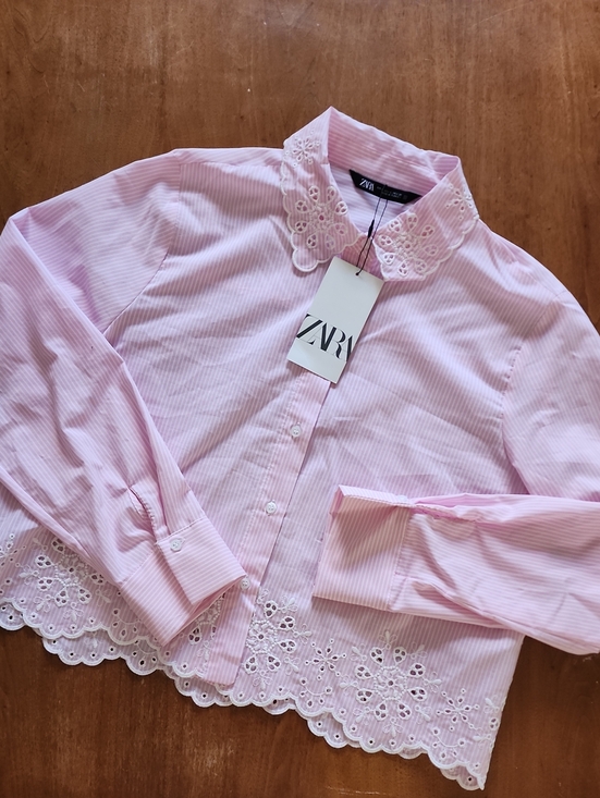 Zara Tops - NWT! Zara Light Pink Pinstripe Cropped Eyelet Collared Blouse